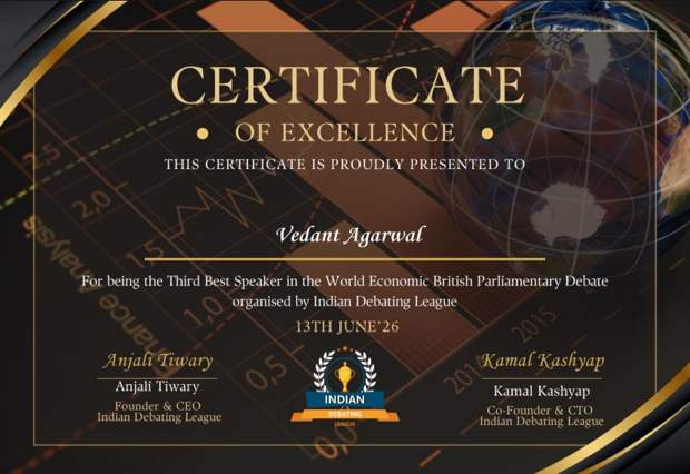 Vedant Agrawal's Certificate of Excellence, Third Best Speaker