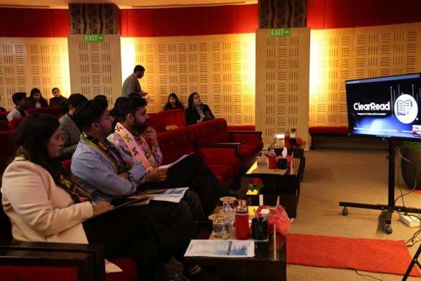Vedant Agrawal presenting ClearRead to a conference audience