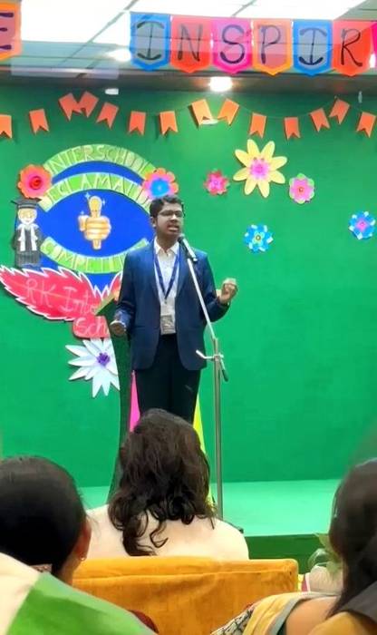 Vedant Agrawal speaking at an interschool declamation competition