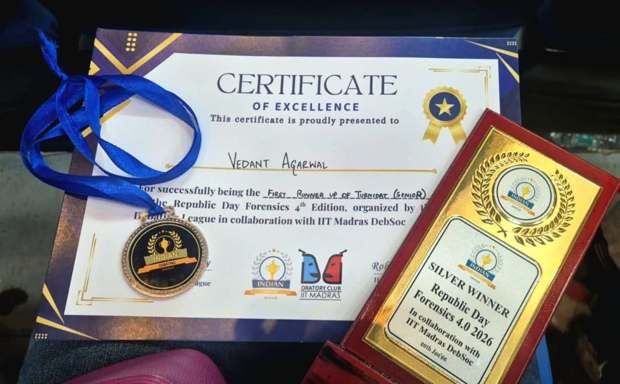 Vedant Agrawal's Republic Day Forensics 4.0 silver trophy, medal and certificate