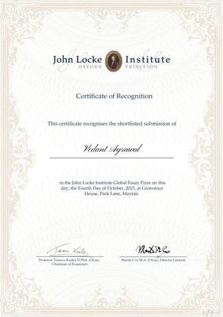 Vedant Agrawal's John Locke Institute Certificate of Recognition