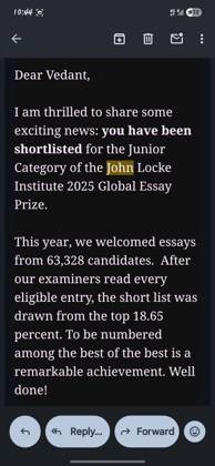 Vedant Agrawal's John Locke Institute shortlist notification email