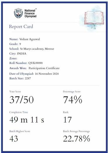 Vedant Agrawal's National Finance Olympiad report card, All India Rank 17